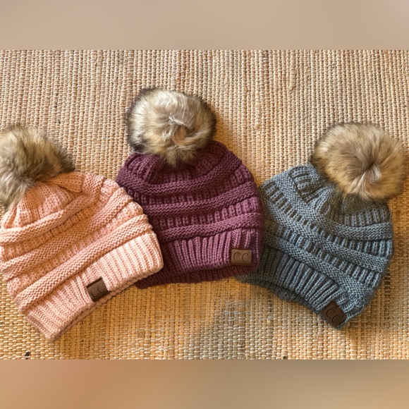 CC Boutique Accessories - NWOT CC bundle of 3! Blush/mauve/grey w/faux fur Pom-Pom